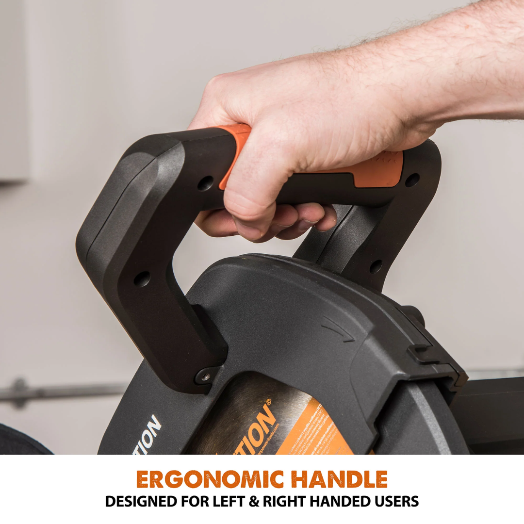 Evolution Power Tools Single Bevel Sliding Miter Saw R255SMS+ ergonomic main handle with comfortable grip for improved operator control and reduced fatigue.