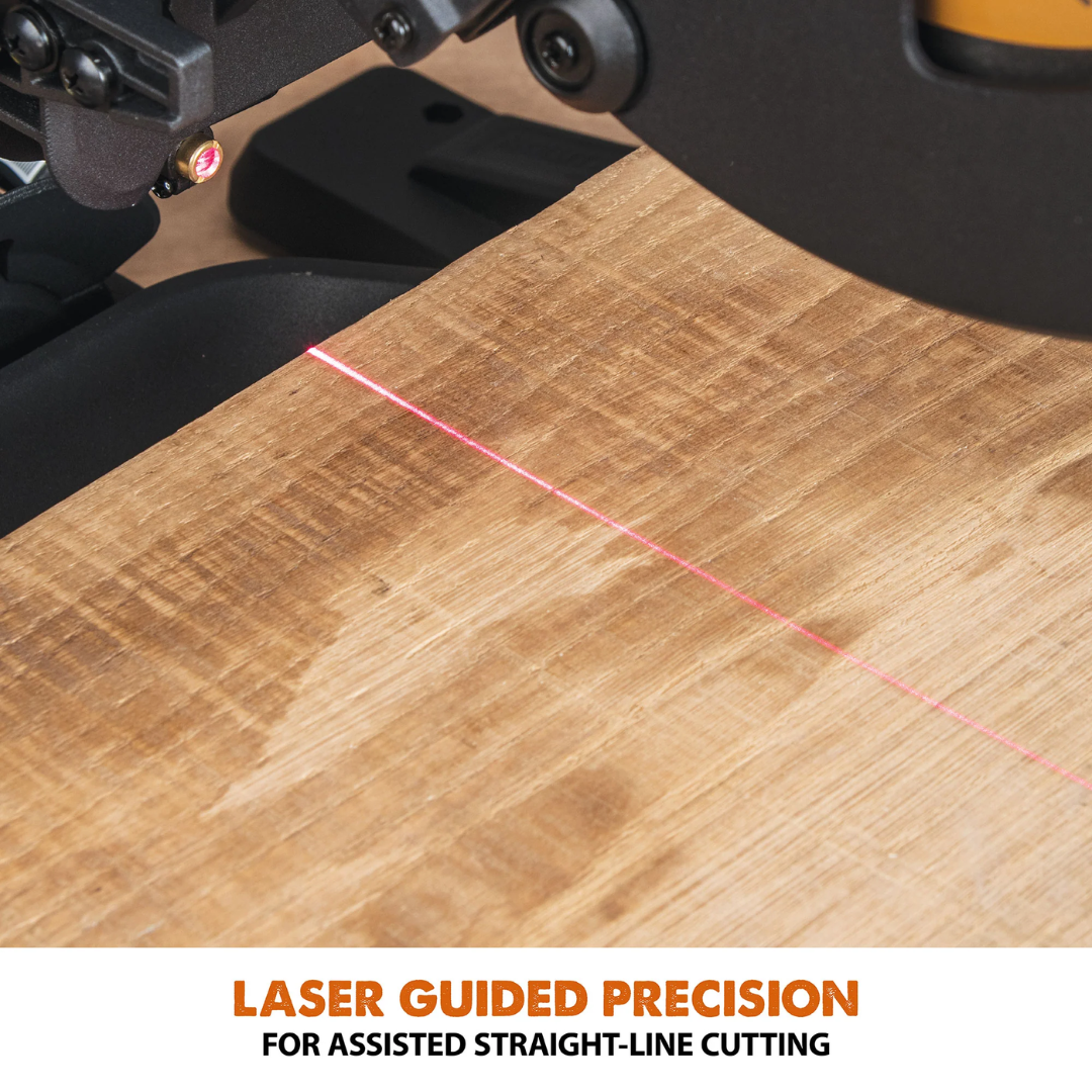 Evolution Power Tools Single Bevel Sliding Miter Saw R255SMS+ featuring the integrated laser guide for improved cut-line visibility and precision.