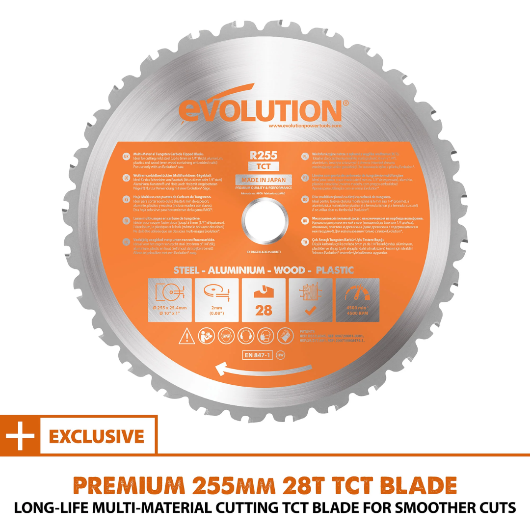 Evolution Power Tools Single Bevel Sliding Miter Saw R255SMS+ featuring the premium Evolution multi-material TCT blade for wood, steel, aluminum, and plastics.