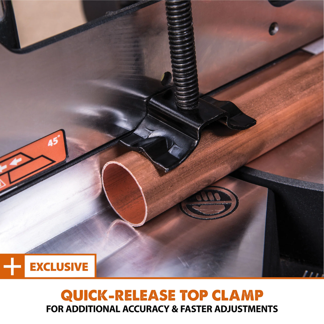Evolution Power Tools Single Bevel Sliding Miter Saw R255SMS+ featuring the quick-release top clamp for secure material holding during precision cuts.