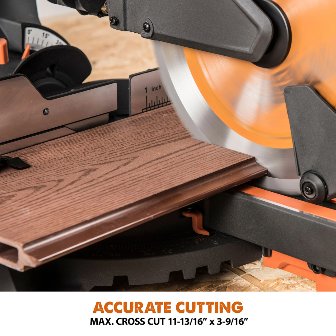 Evolution Power Tools Single Bevel Sliding Miter Saw R255SMS+ making an accurate crosscut through dimensional lumber for woodworking and construction applications.