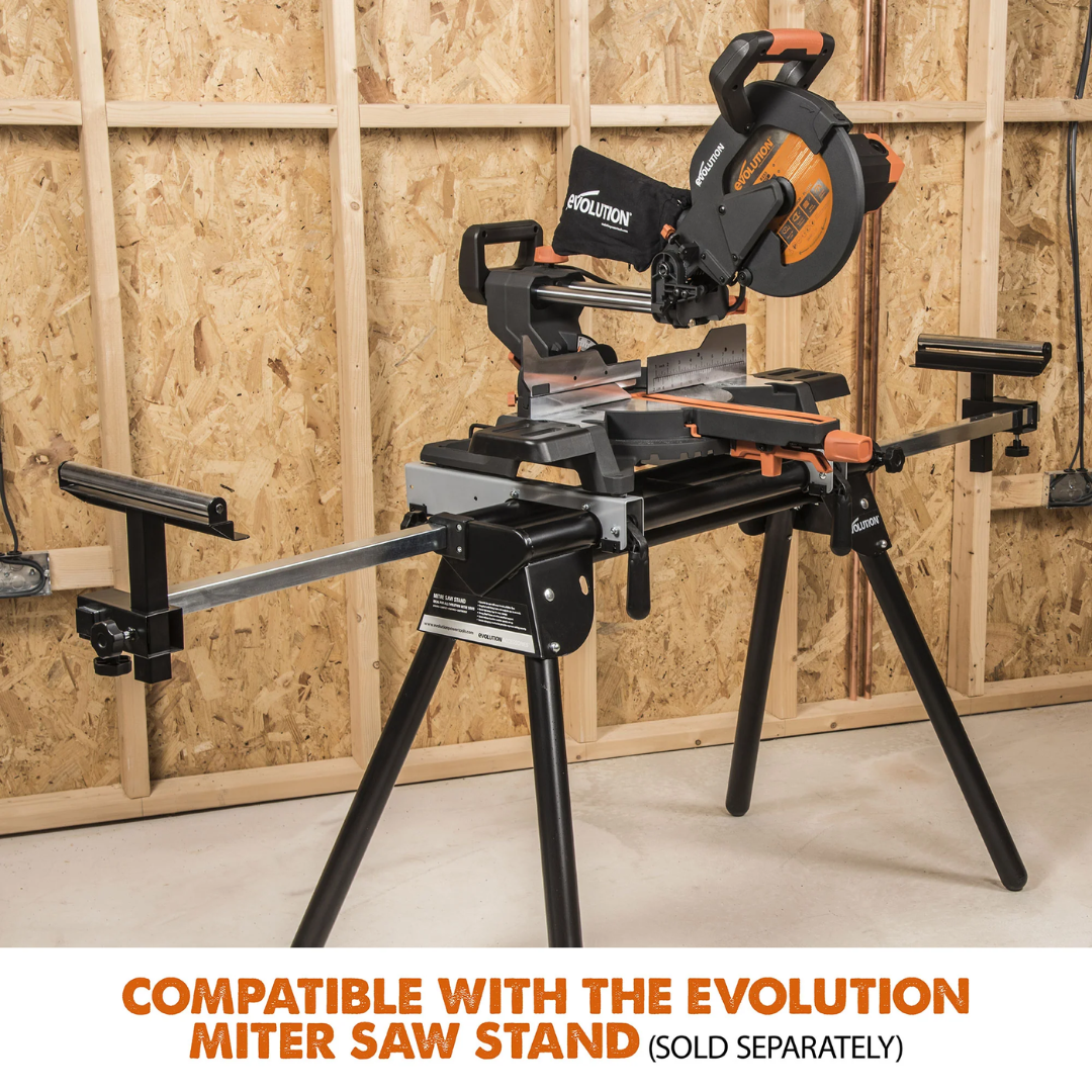 Evolution Power Tools Single Bevel Sliding Miter Saw R255SMS+ mounted on a compatible Evolution miter saw stand, providing a stable portable workstation.