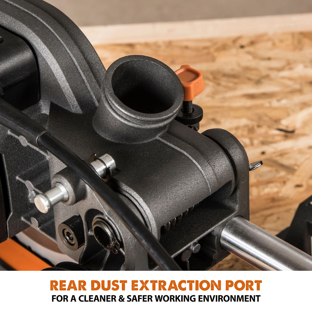 Evolution Power Tools Single Bevel Sliding Miter Saw R255SMS+ rear dust extraction port designed for improved dust collection and cleaner cutting operations.