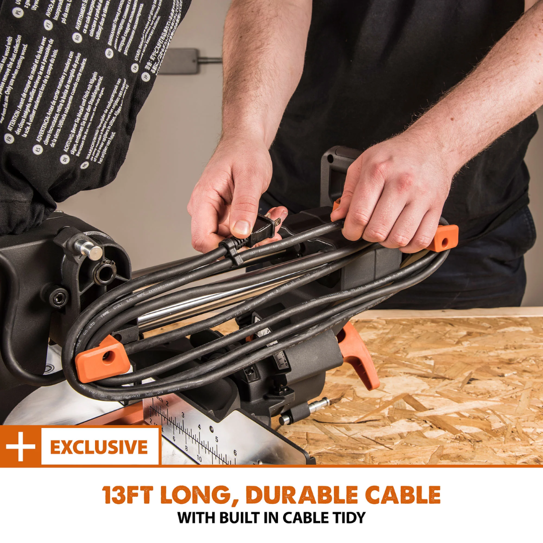 Evolution Power Tools Single Bevel Sliding Miter Saw R255SMS+ showing the integrated power cable routing for improved organization and durability.