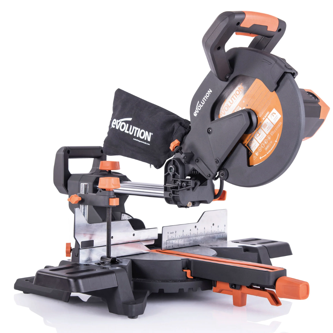 Evolution Power Tools Single Bevel Sliding Miter Saw R255SMS+ shown with a 10-inch TCT blade, sliding rail system, precision miter table, and heavy-duty base designed for accurate crosscuts, bevel cuts, and compound cuts.