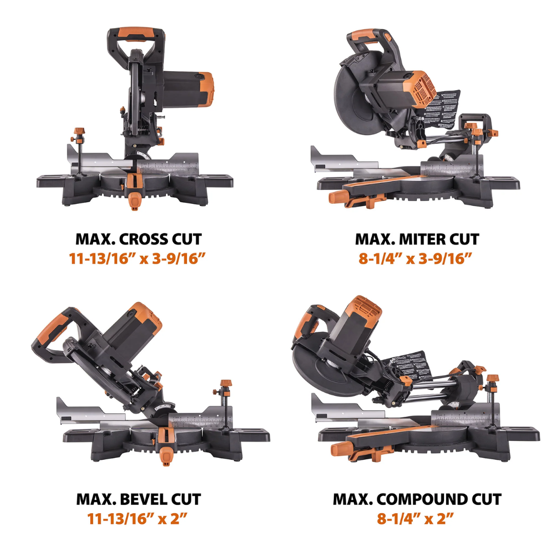Evolution Power Tools Single Bevel Sliding Miter Saw R255SMS+ specification graphic displaying positive miter stops and common cutting angles for fast setup.