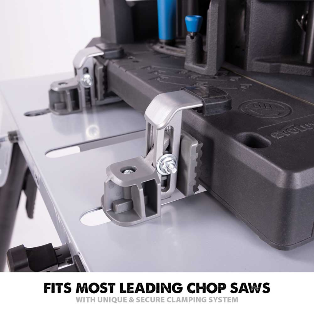 Evolution Power Tools Universal Chop Saw Stand With Telescopic Arms and Folding Legs EVOCS2 equipped with sturdy folding legs for excellent jobsite stability and easy transport.