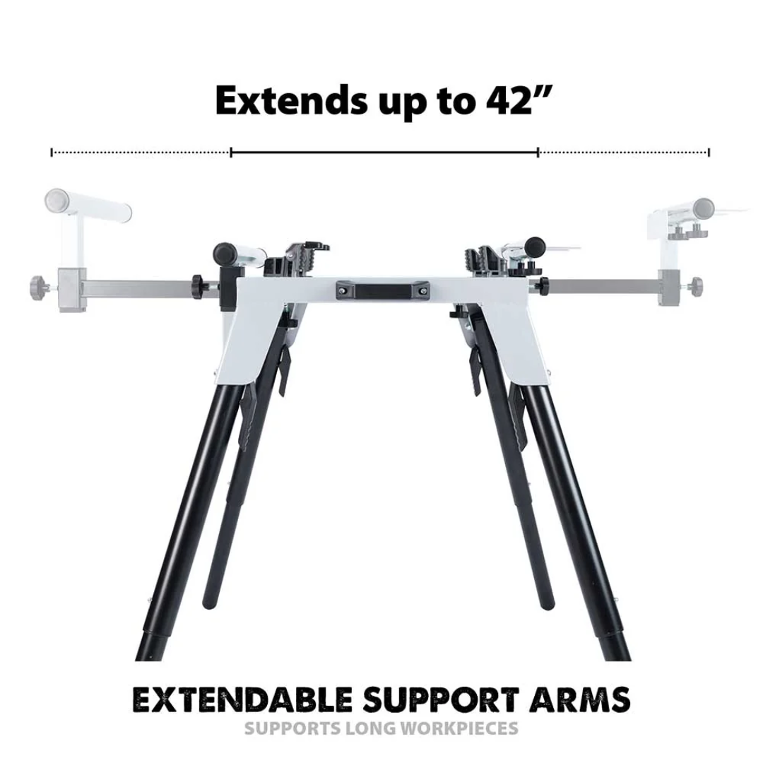 Evolution Power Tools Universal Chop Saw Stand With Telescopic Arms and Folding Legs EVOCS2 extending up to 42 inches to support long workpieces during cutting.