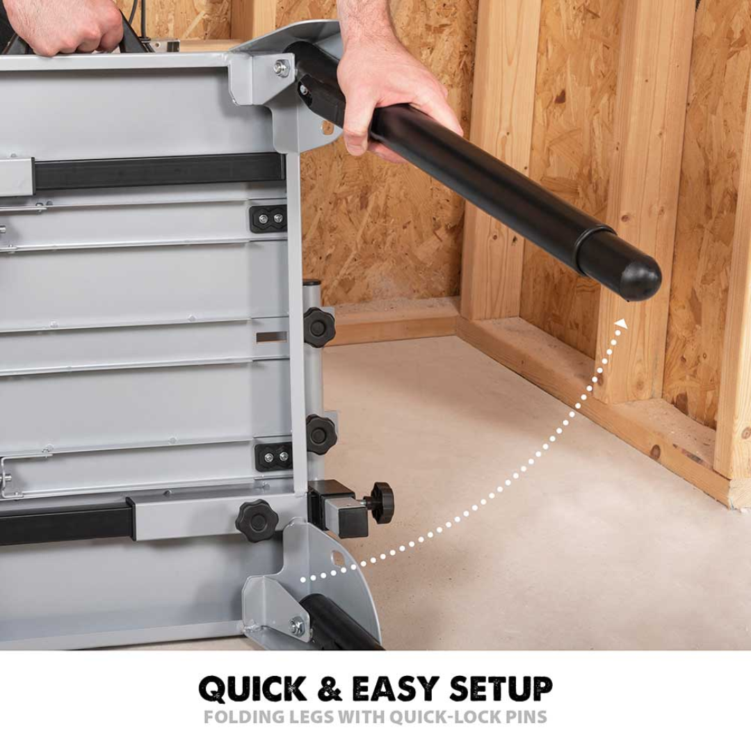 Evolution Power Tools Universal Chop Saw Stand With Telescopic Arms and Folding Legs EVOCS2 featuring a fast folding mechanism for quick setup and breakdown on the jobsite.