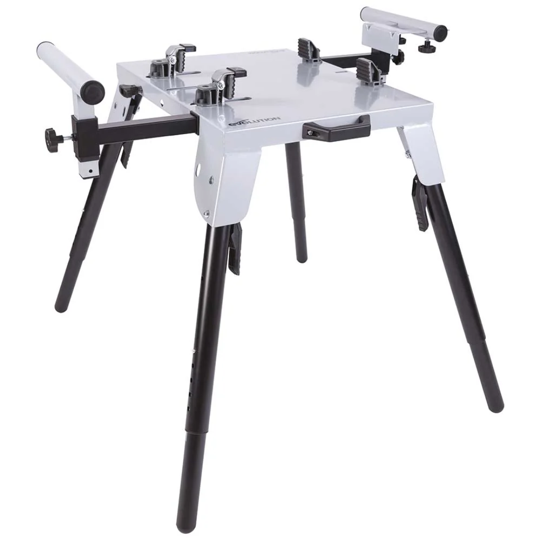 Evolution Power Tools Universal Chop Saw Stand With Telescopic Arms and Folding Legs EVOCS2 featuring a heavy-duty portable stand with adjustable support arms for miter saws and chop saws.