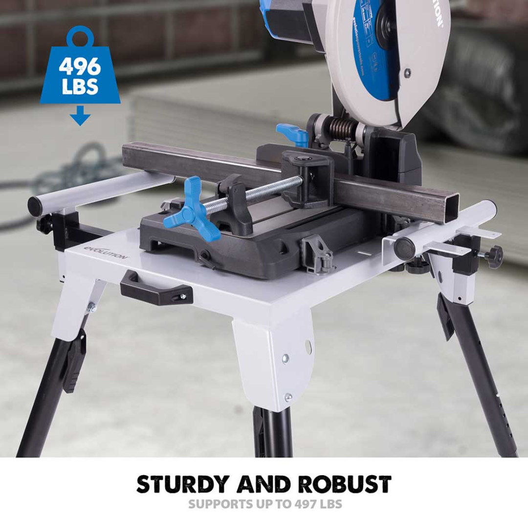 Evolution Power Tools Universal Chop Saw Stand With Telescopic Arms and Folding Legs EVOCS2 featuring fast-release mounting brackets for quick saw installation and removal.