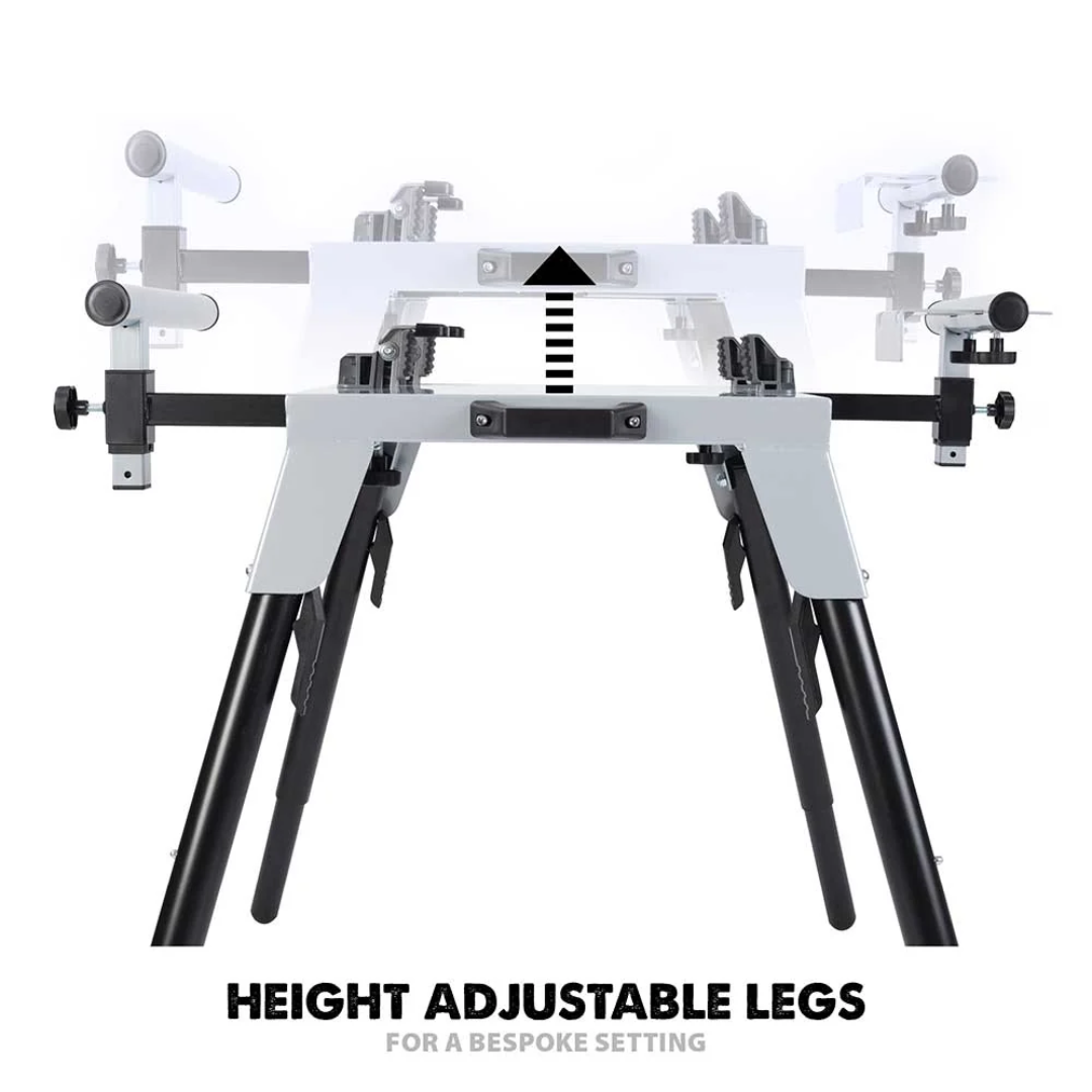 Evolution Power Tools Universal Chop Saw Stand With Telescopic Arms and Folding Legs EVOCS2 with extendable telescopic support arms for handling long boards, trim, and molding.
