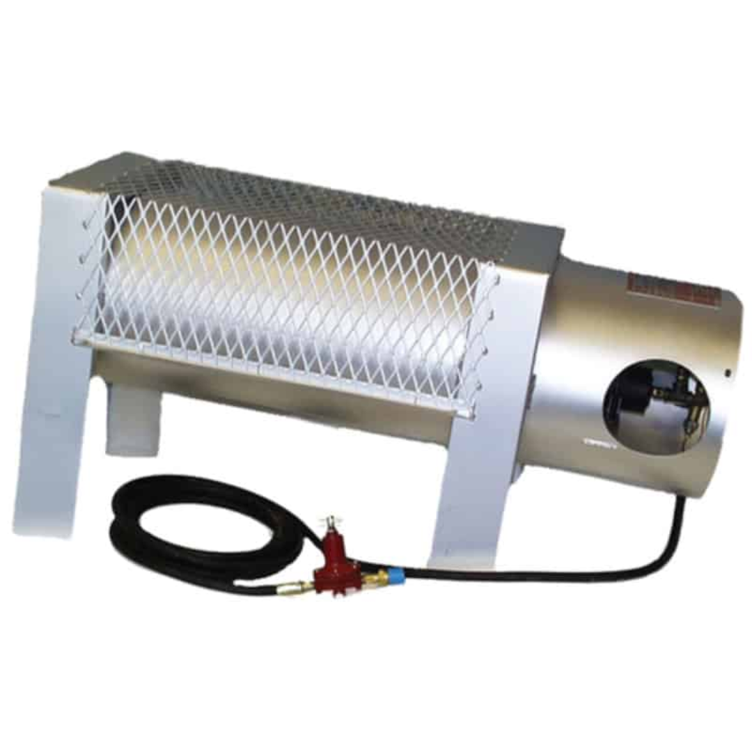 Flagro Direct Fired Construction Heater F-375 industrial heater with metal housing, burner assembly, and gas hose connection for jobsite heating applications.
