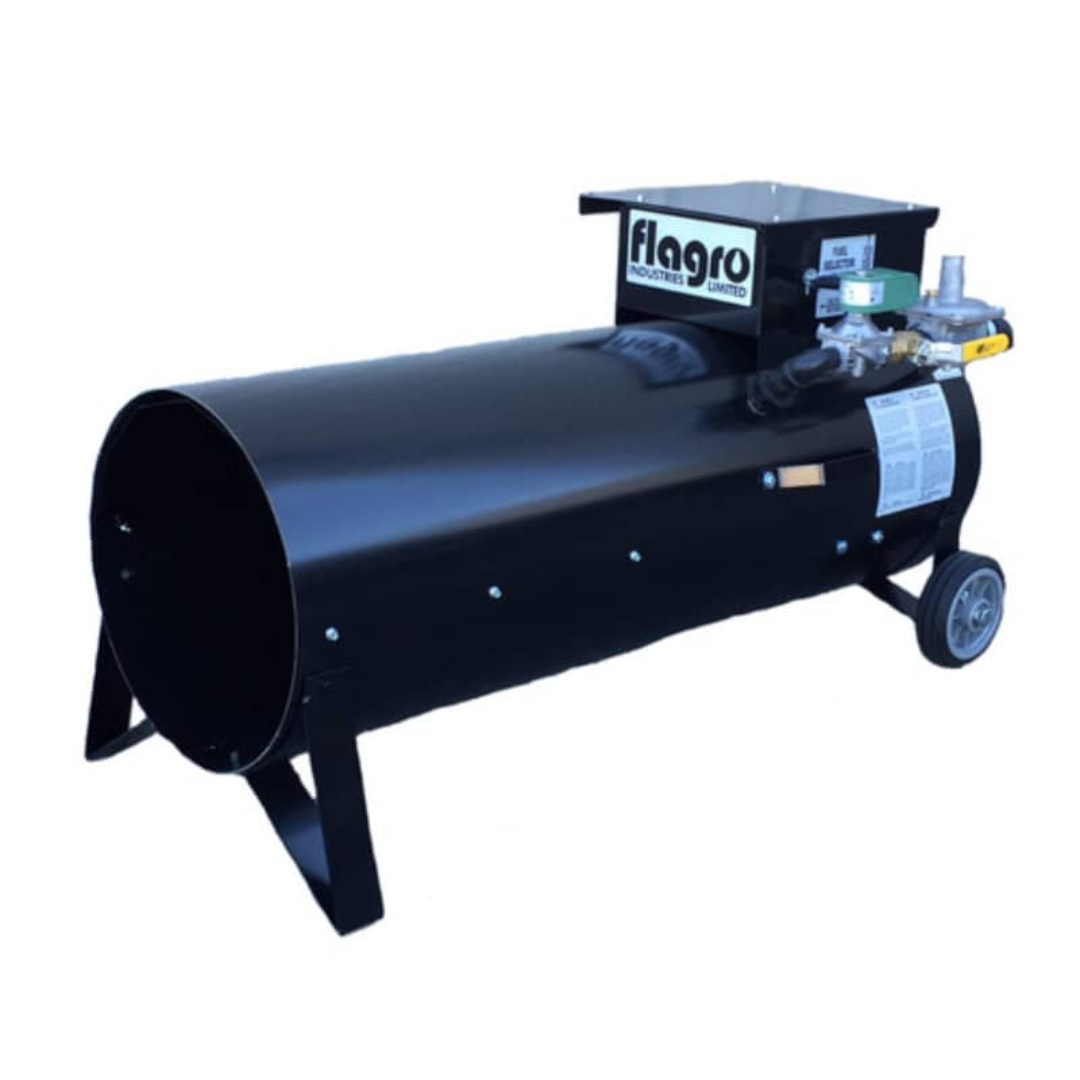 Flagro Direct Fired Heater F-400T portable industrial heater with cylindrical barrel design, propane gas connection, and wheeled frame for mobility