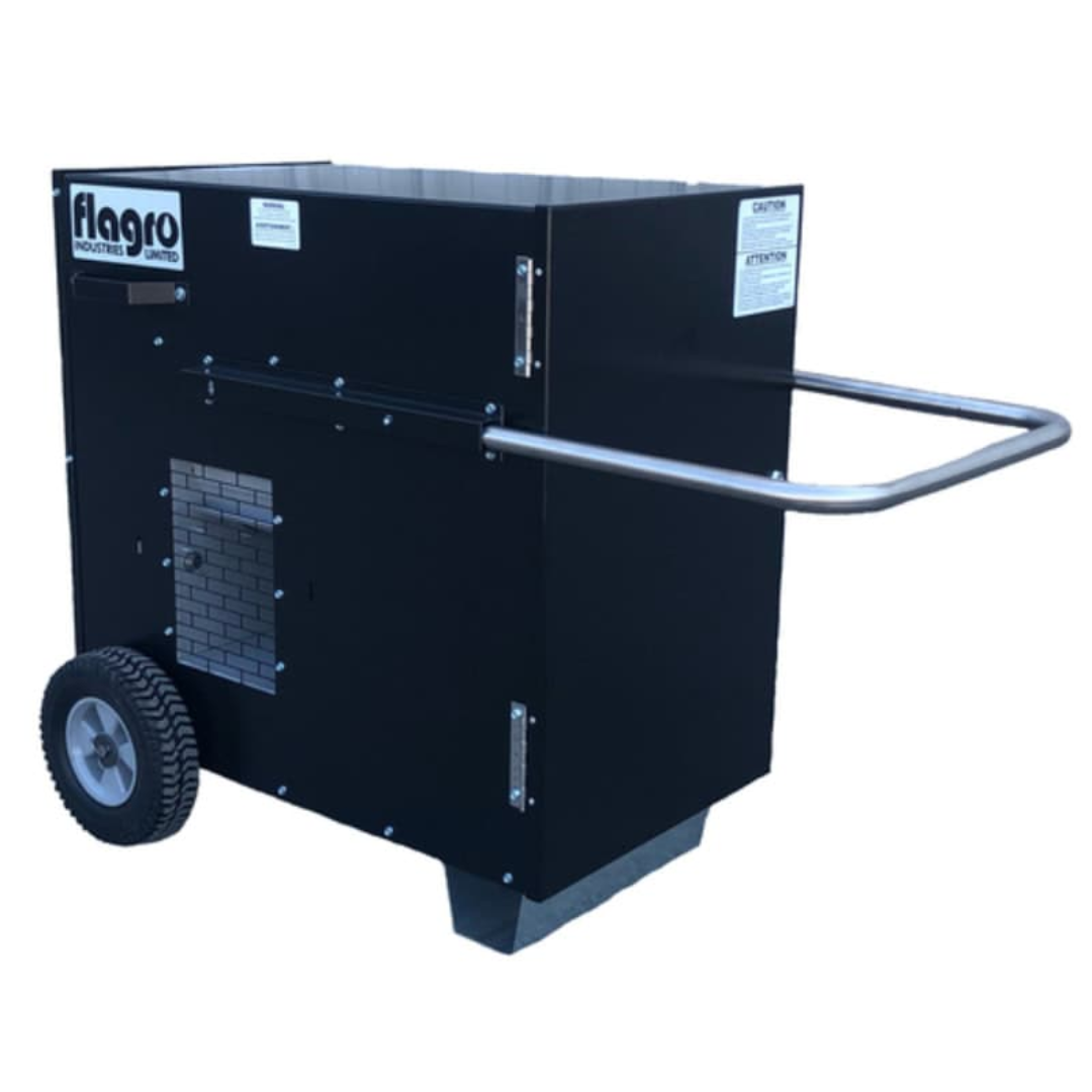 Flagro Direct Fired Tent Heater THC-175DF portable industrial heater with wheeled frame, handle, and duct connection for high-capacity tent heating applications.
