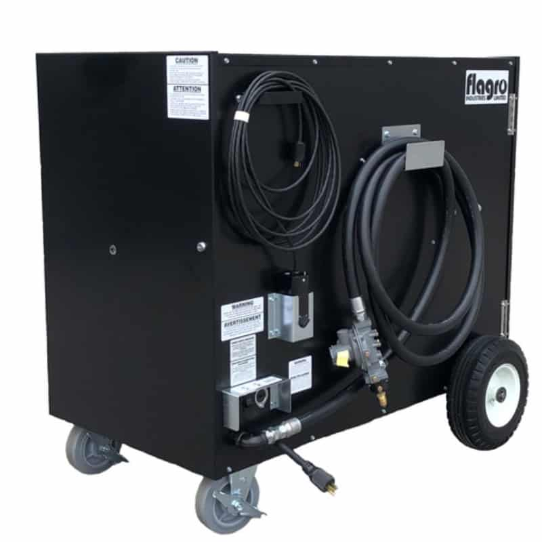 Flagro Direct Fired Tent Heater THC-355CDF industrial dual fuel heater with wheeled frame, control panel, and coiled hose for high-capacity tent and construction heating.