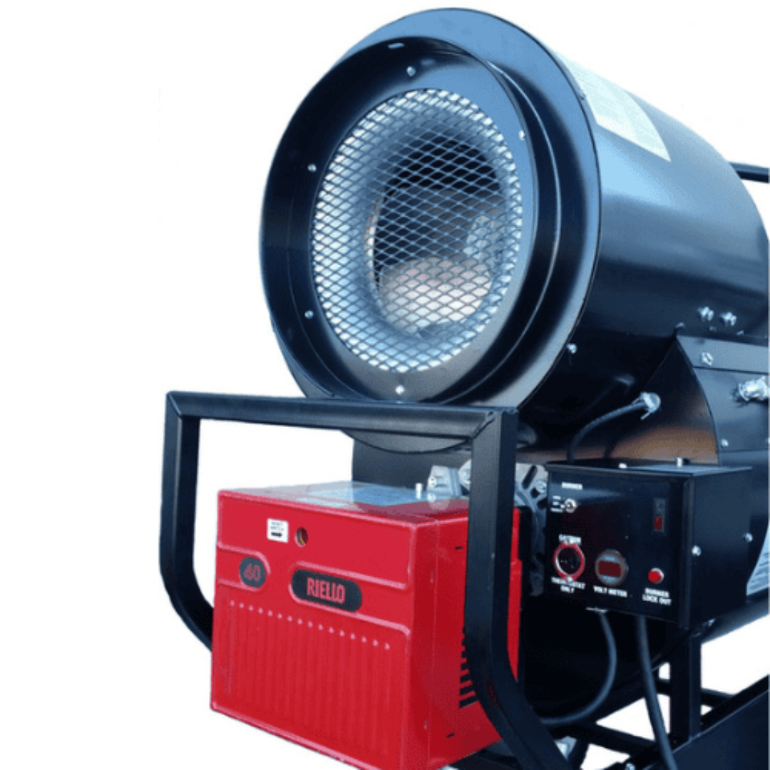 Flagro Indirect Fired Dual Fuel Heater FVNP-400RC front view showing high-capacity heat exchanger and burner assembly