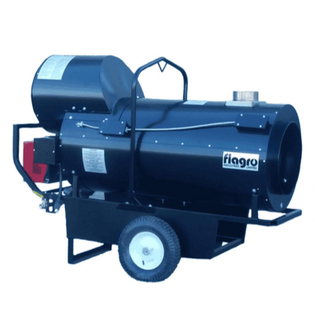 Flagro Indirect Fired Dual Fuel Heater FVNP-400RC industrial heater with recirculating hood, dual duct outlets, and rugged wheeled frame