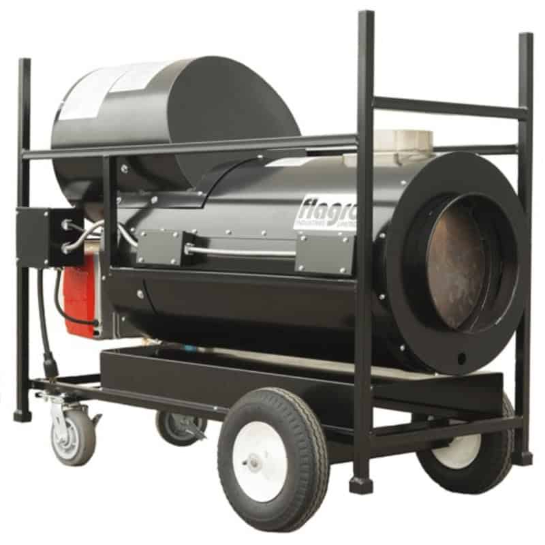 Flagro Indirect Fired Oil Heater FVNP-200RC portable industrial heater with wheeled frame and cylindrical heat exchanger housing