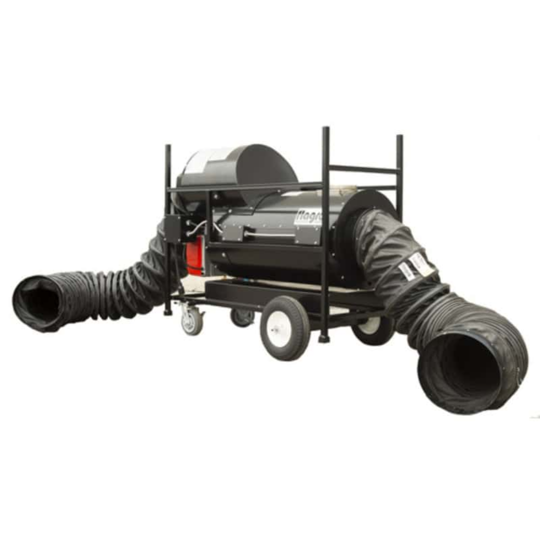 Flagro Indirect Fired Oil Heater FVNP-200RC side angle view showing duct outlet and heavy-duty steel frame construction