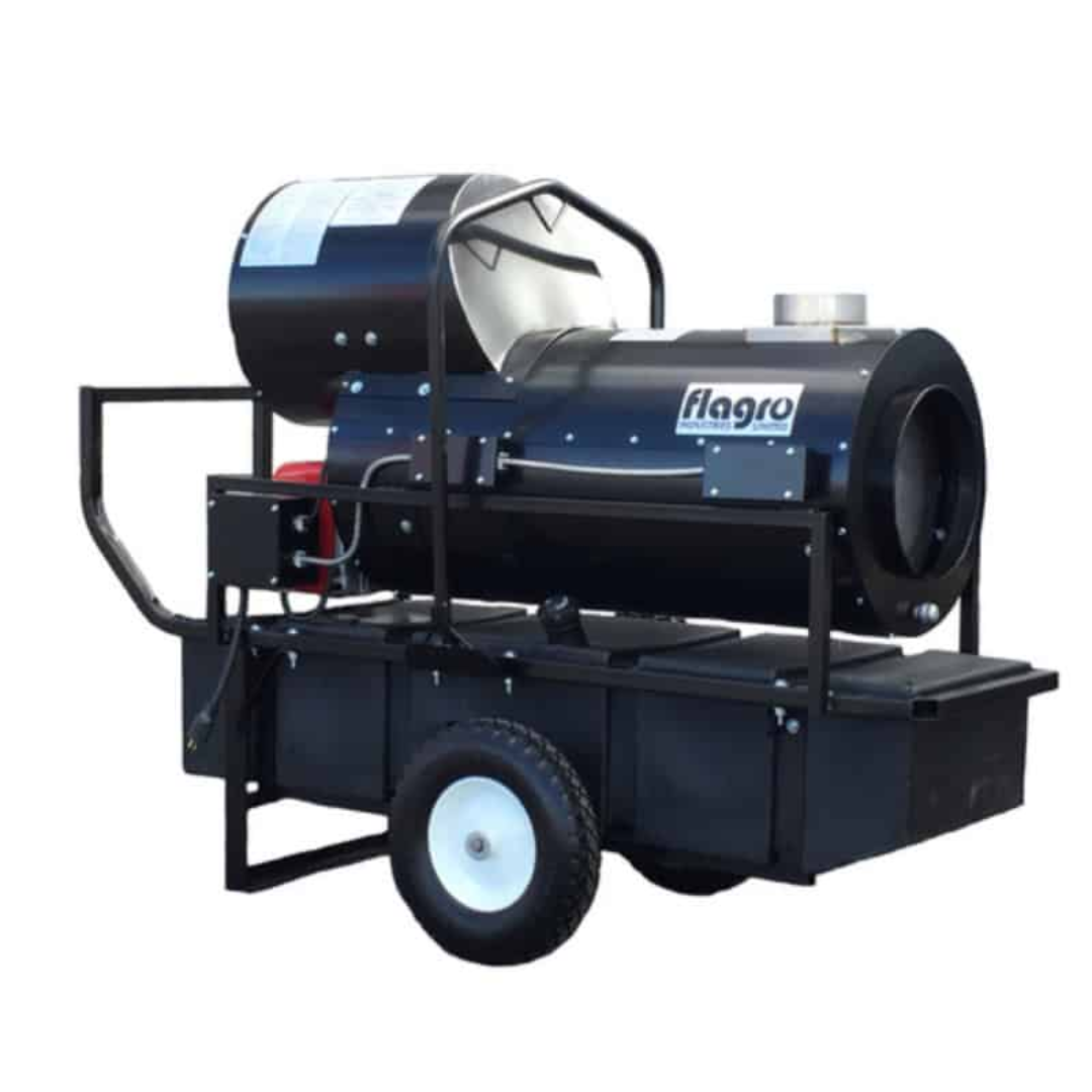 Flagro Indirect Fired Oil Heater FVO-200RC42 portable industrial heater with recirculating hood, heavy-duty steel frame, and integrated fuel tank for clean temporary heating