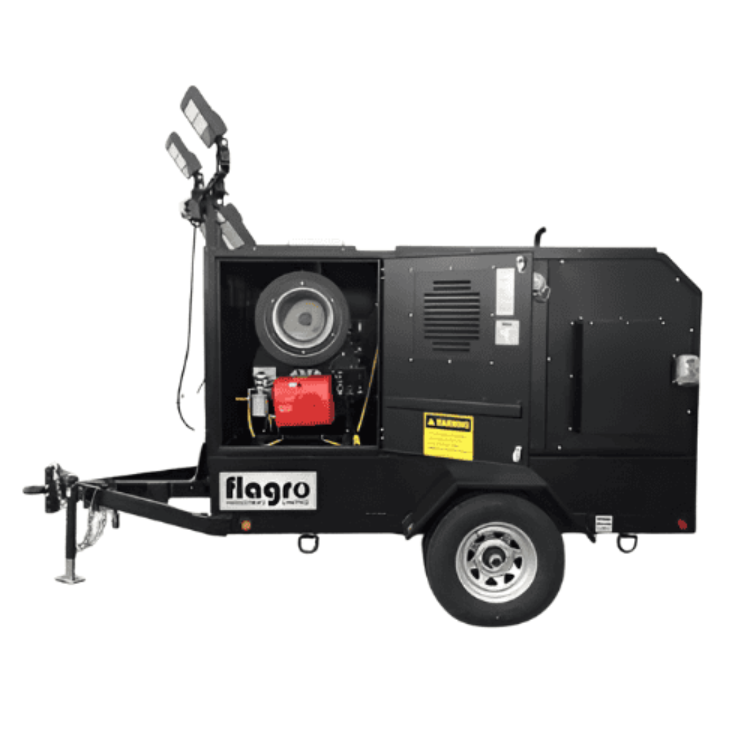 Flagro Indirect Fired Oil Heater FVO-400LTRC trailer-mounted heater with integrated fuel tank, recirculating system, and heavy-duty enclosure