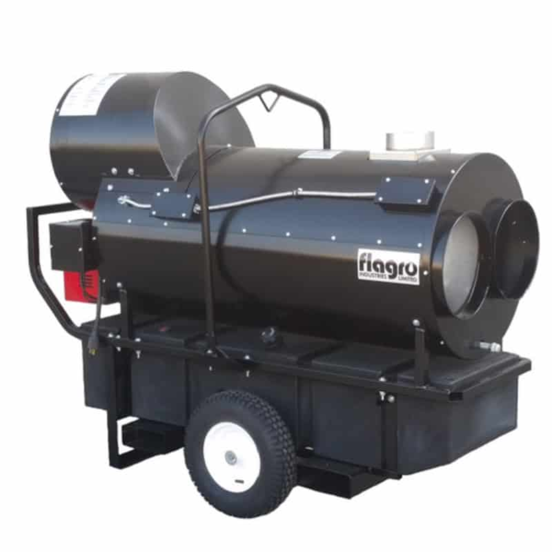 Flagro Indirect Fired Oil Heater FVO-400RC industrial heater with recirculating hood, built-in fuel tank, and heavy-duty wheeled frame