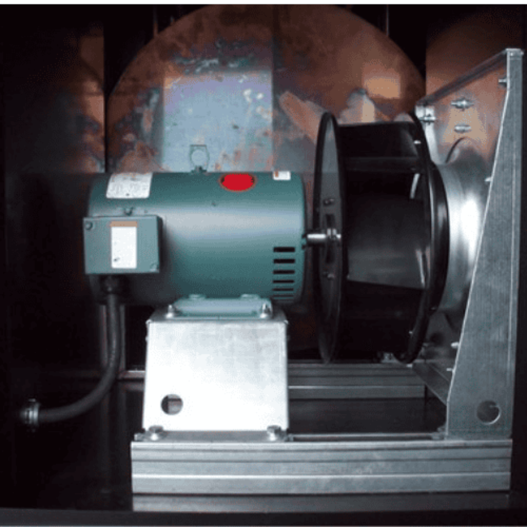 Flagro Indirect Fired Oil Heater FVO-750 internal blower and motor assembly showing high-capacity airflow system