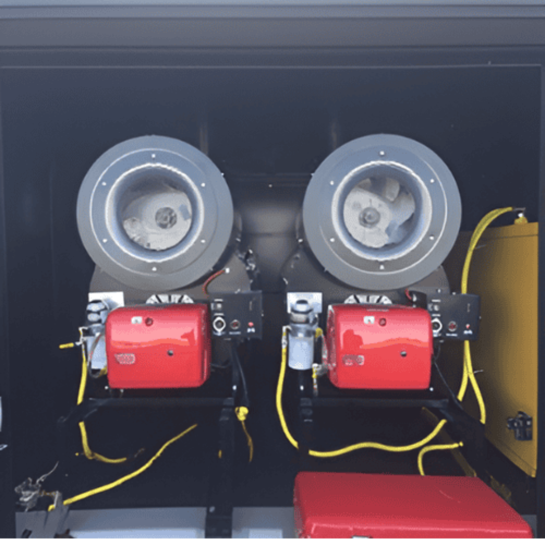 Flagro Indirect Fired Oil Heater Trailer FVO-1100TR dual burner and control system setup inside unit