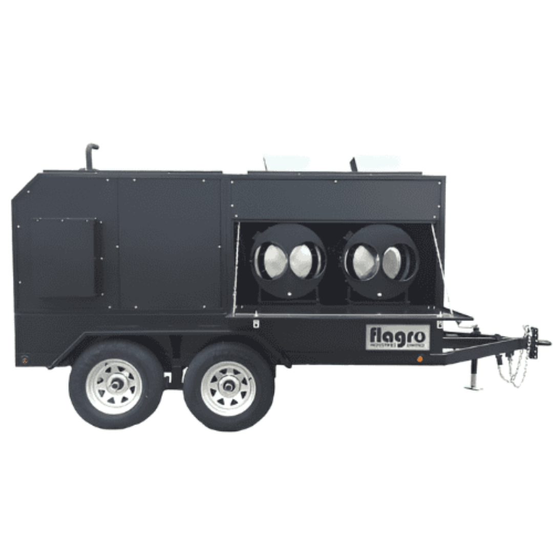 Flagro Indirect Fired Oil Heater Trailer FVO-1100TR mobile industrial heater mounted on trailer with dual air outlets and heavy-duty enclosure