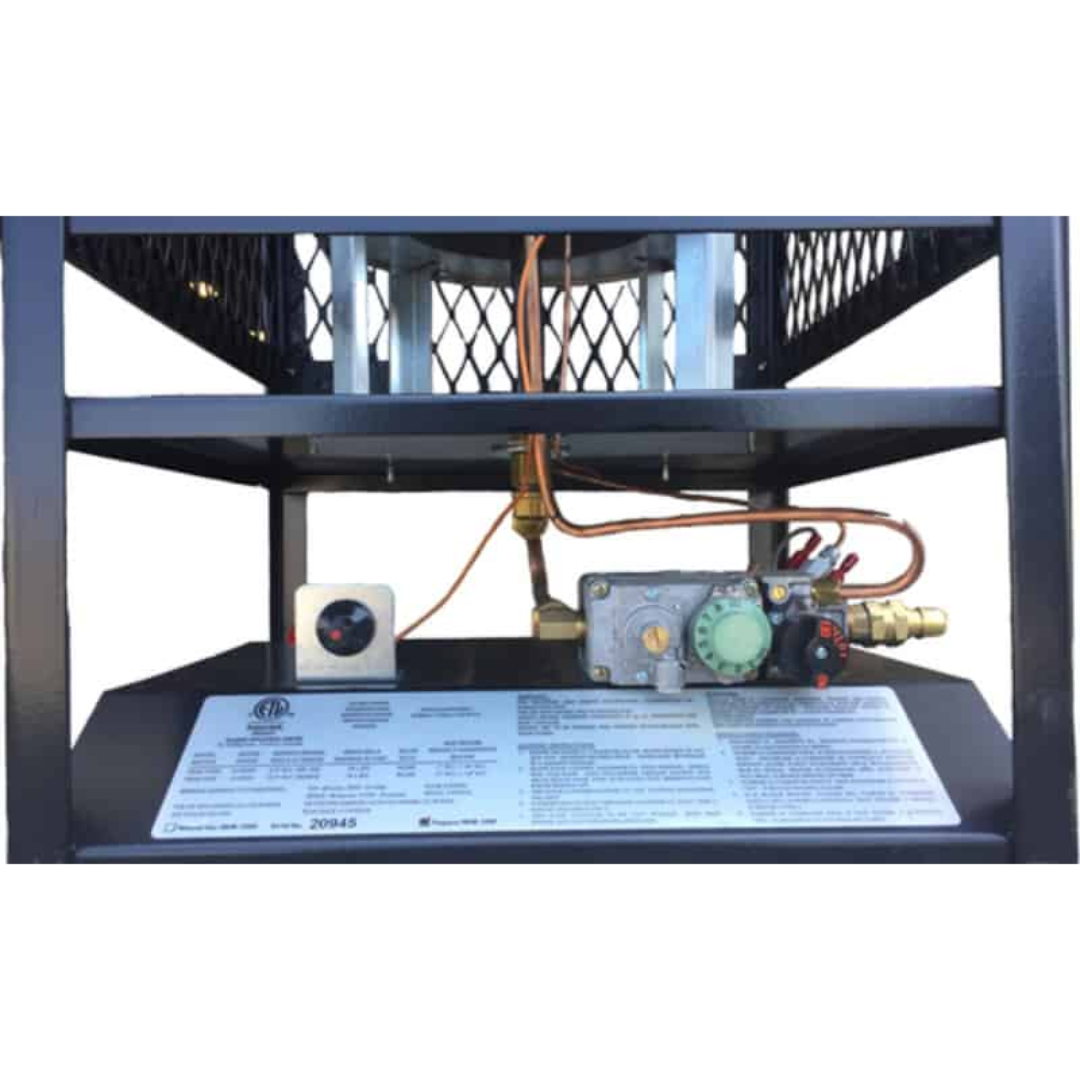 Flagro Radiant Heater FRHR-100PQD close-up of burner assembly and control components with quick disconnect fitting for efficient and reliable operation.