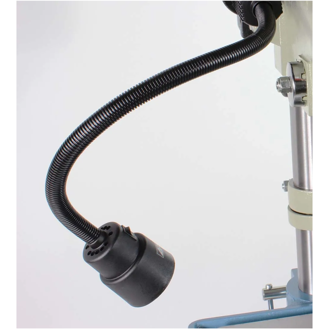 Flexible work light mounted on the Baileigh Drill Press (DP-15VSF) 1002989 providing enhanced visibility for drilling, machining, and fabrication tasks.