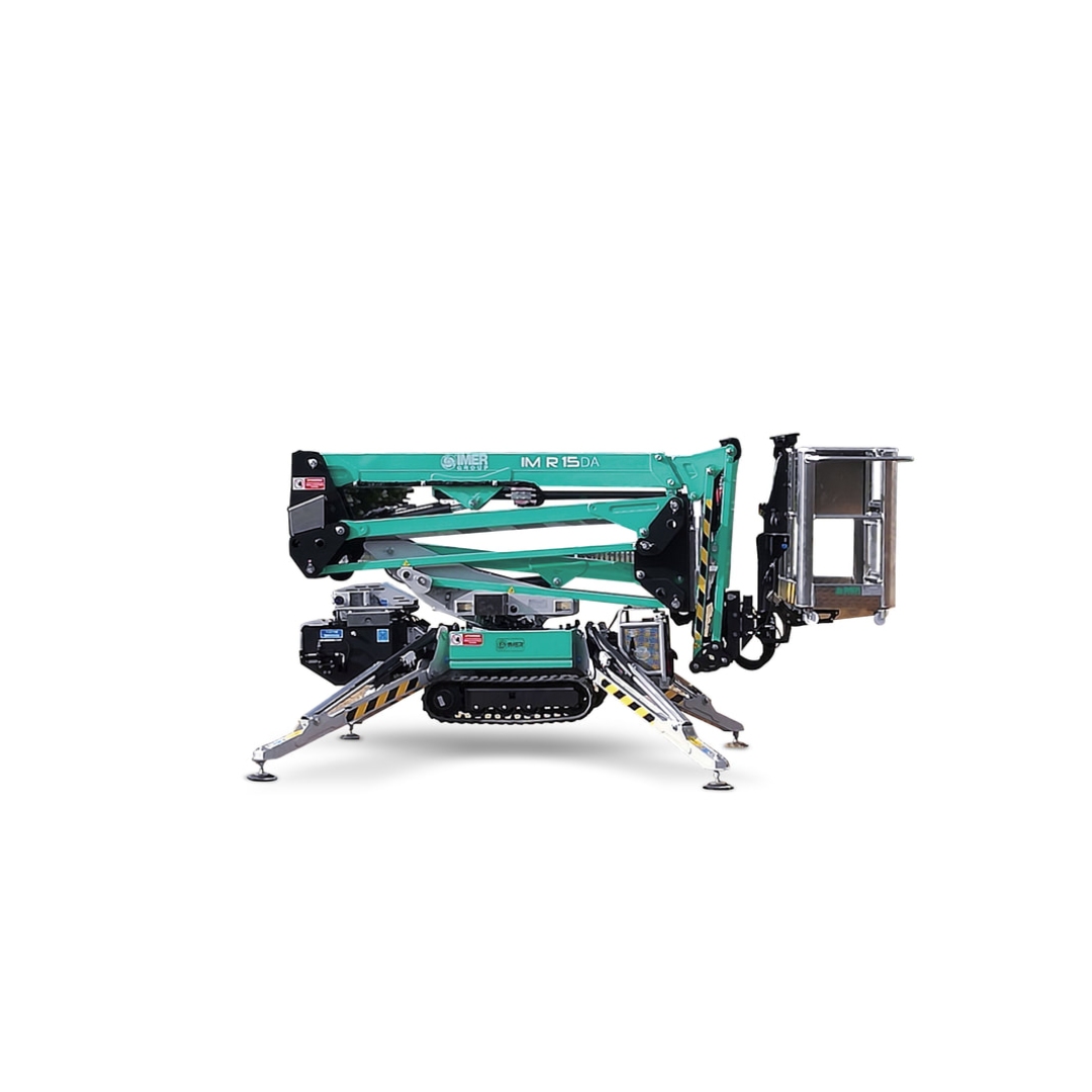 Folded transport position of IMER IM R15 Telescopic Lift showing compact track-driven chassis and retractable boom assembly for narrow access transport.