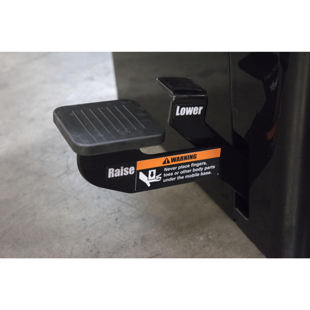 Foot-operated pedal on the SawStop Professional Integrated Mobile Base MB-PCS-000 designed for convenient lifting and lowering of the saw during movement and operation.