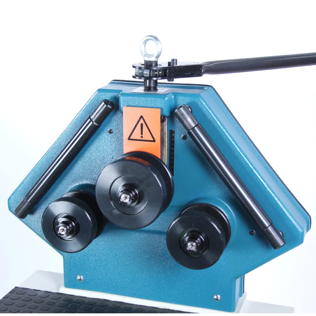 Front-angle view of Baileigh Ring Roll Machine - (R-M40) 1006852 highlighting three-roll configuration and robust construction for metal fabrication shops.