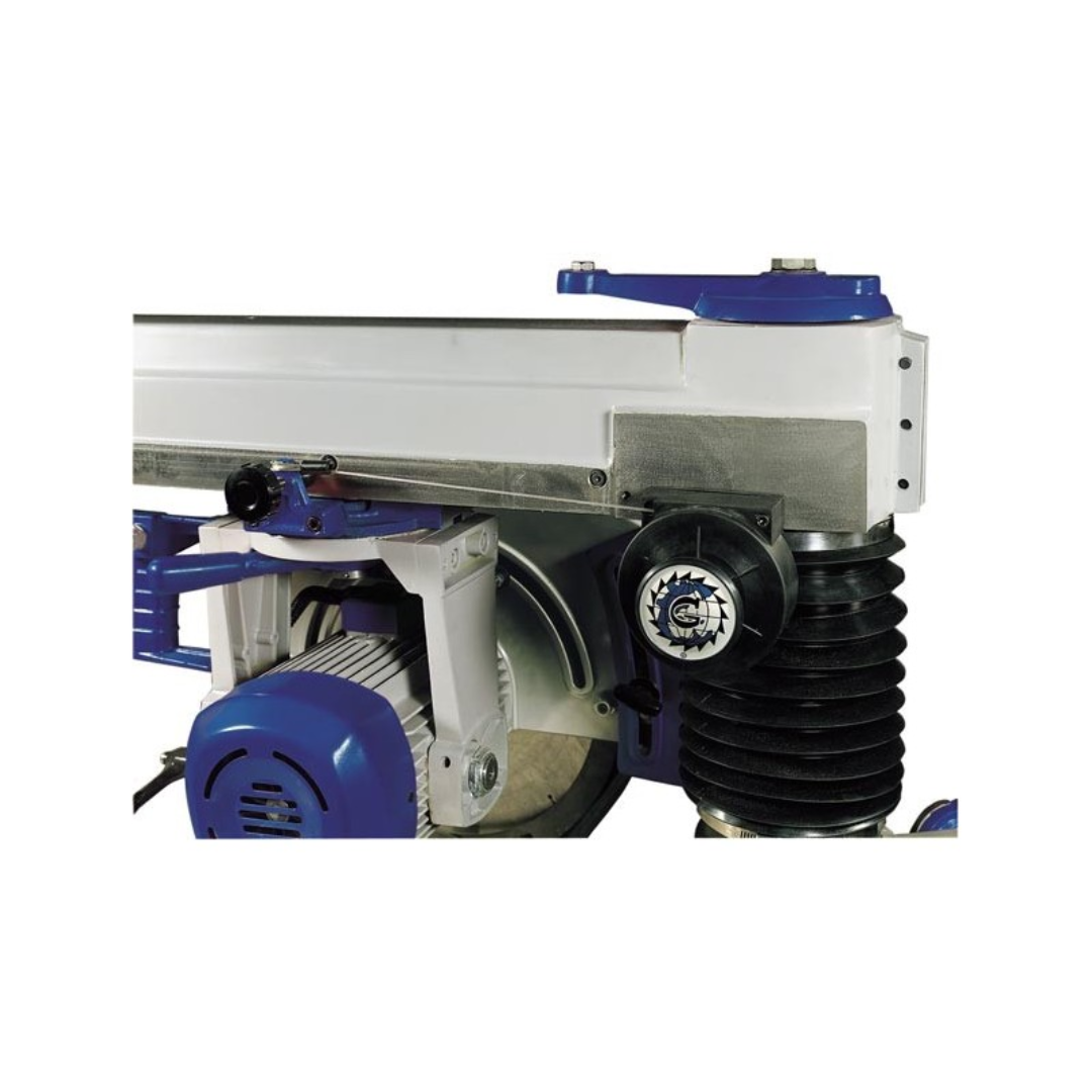 Front-side detail image of OMGA RADIAL 900/7 18" Arm Saw highlighting precision blade guard system and industrial cutting components.