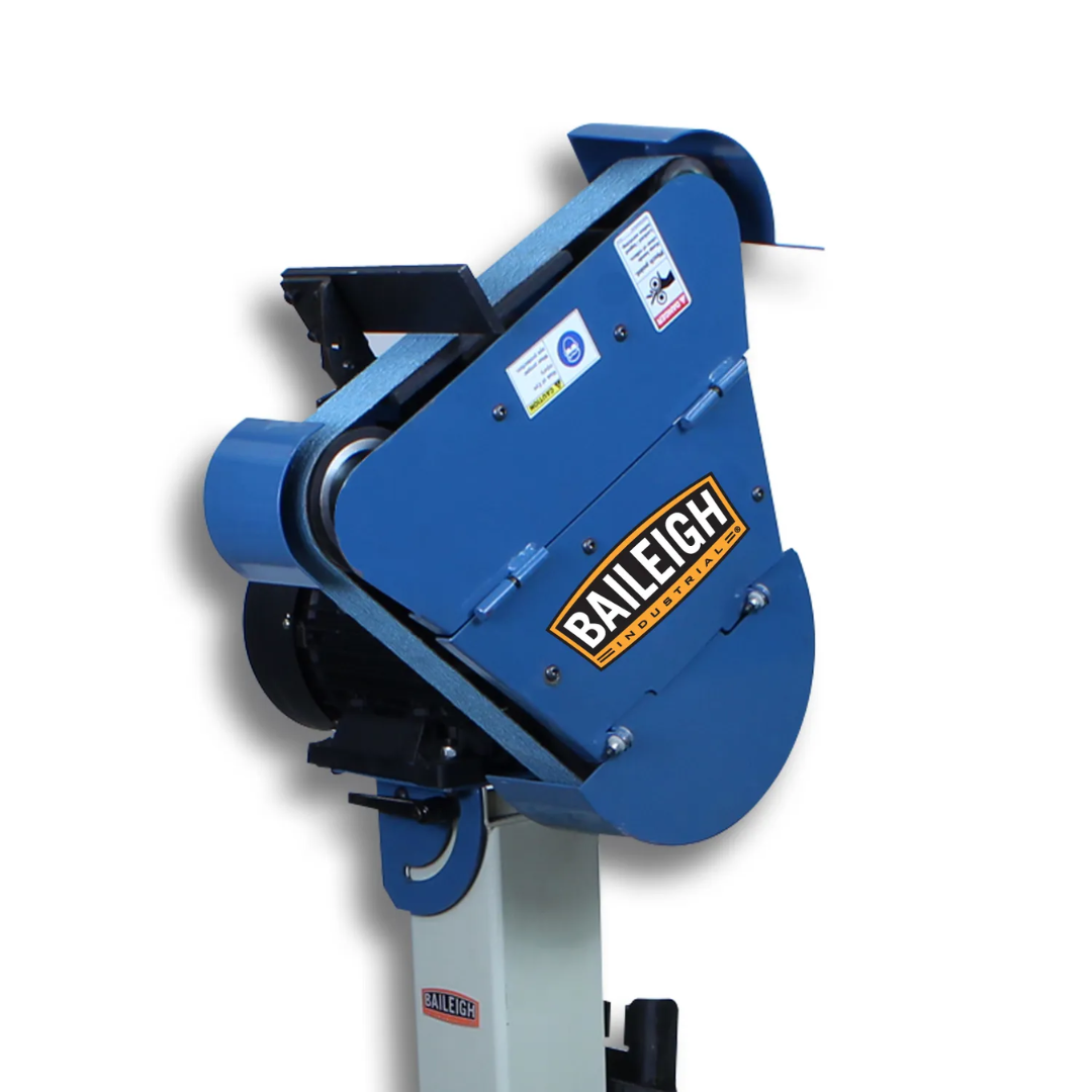 Front-side perspective of the Baileigh Belt Grinder - BG-248-3 1000655 highlighting the belt assembly, tracking mechanism, and industrial-grade design for fabrication shop environments.