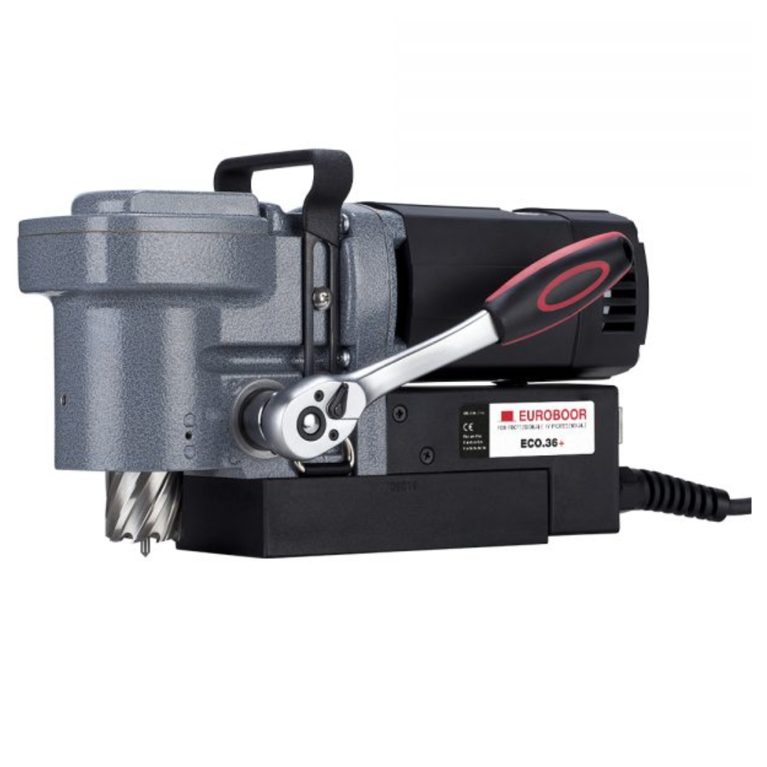 Front angle of Euroboor ECO.36+/T Magnetic Drilling Machine displaying motor assembly, ergonomic handle, and durable housing.