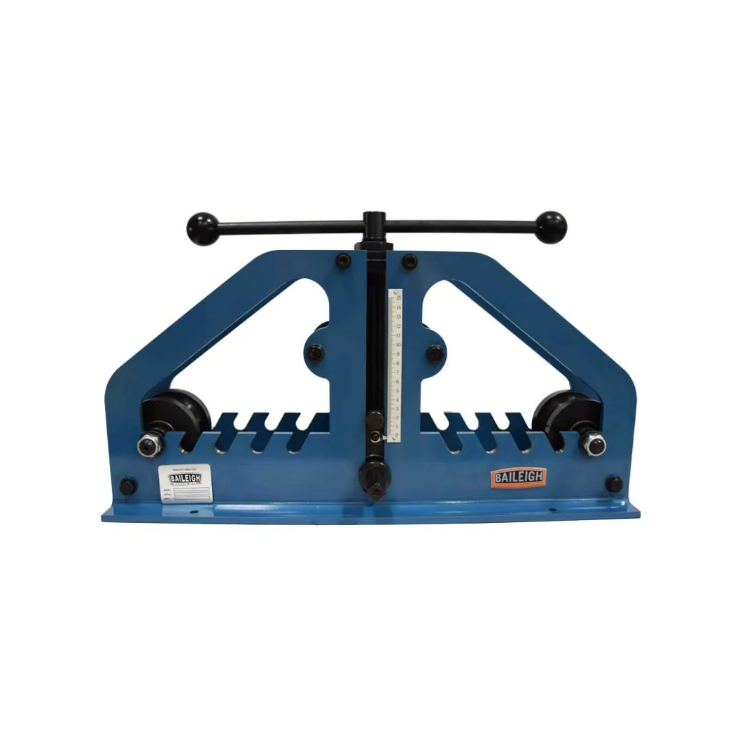Front angle view of the Baileigh Radius Bender - (R-M7) 1006861 highlighting the adjustable roller arrangement designed for precision radius forming.