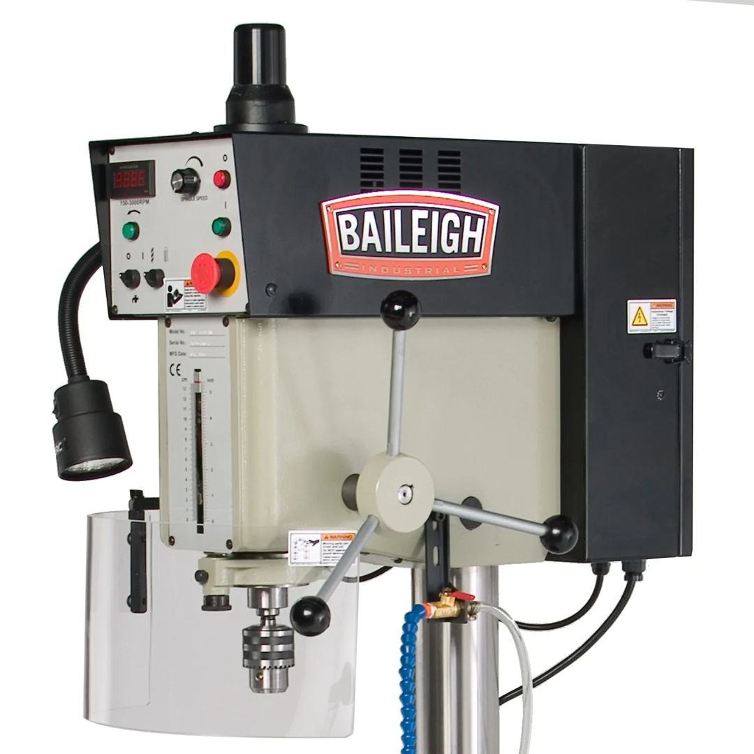 Front control head close-up of the Baileigh 16-Inch Variable-Speed Drill Press, 220V 1Ph (DP-1000VS) 1002862 featuring operational controls and spindle feed handles for accurate drilling applications.