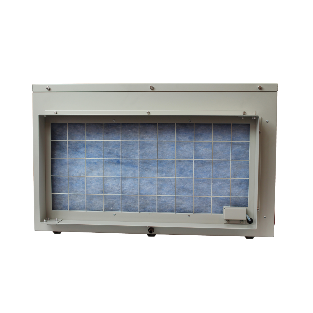 Front intake filter view of Ebac PD120-D Dehumidifier showing high-capacity air filtration grid designed for commercial humidity control