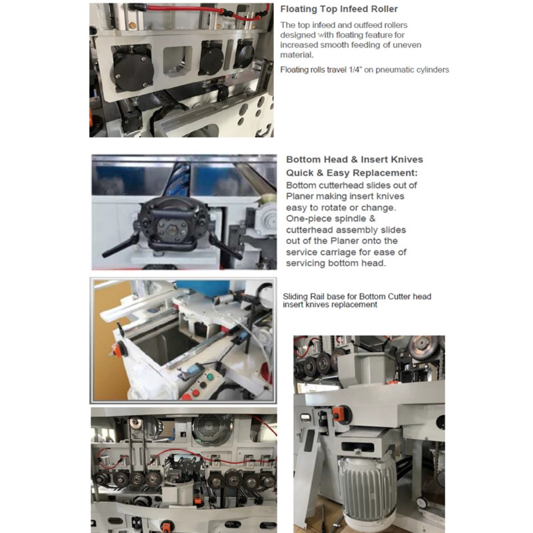 Front operating view of the Castaly 20” x 5” Four Side Planer / Moulder WP-20L-V4 highlighting control panel and infeed system