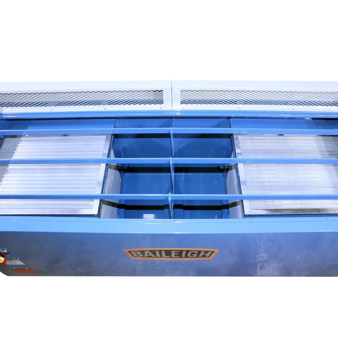 Front storage and access area of Baileigh Downdraft Table 1008627 featuring integrated collection compartments for industrial dust management.