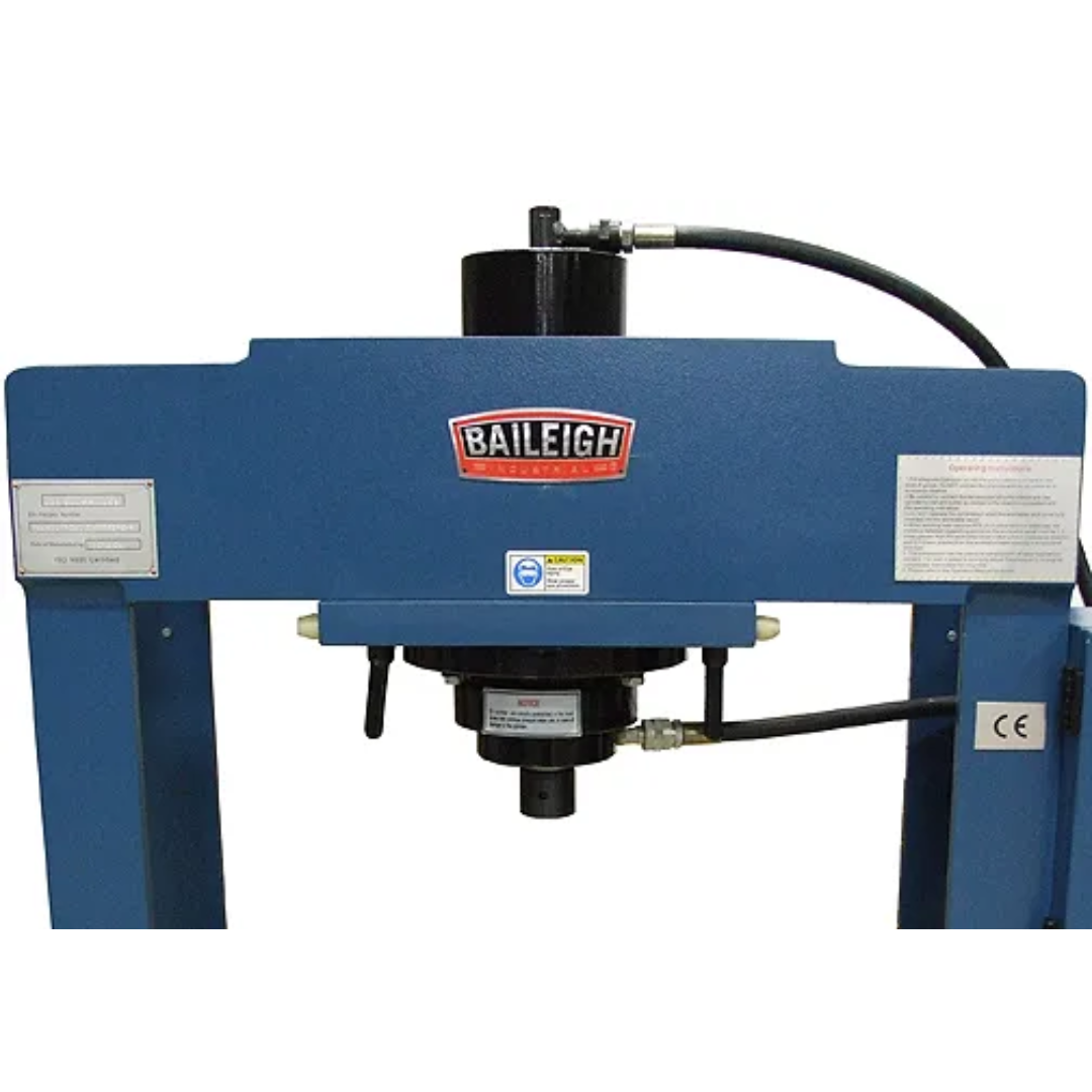 Front view of Baileigh Hydraulic Press HSP-60M 1012740A showing the hydraulic ram assembly, adjustable worktable, and precision pressing area designed for industrial workshop operations.