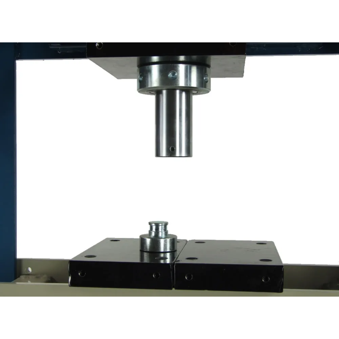 Front view of Baileigh Shop Press: H Frame, 7.5" Stroke 1004808 showing hydraulic ram aligned over adjustable work table for precision pressing applications.