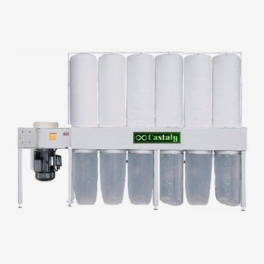Front view of Castaly 20 HP DC-9200 Dust Collector showing arranged filter bags and centralized motor housing for efficient high-volume dust collection.