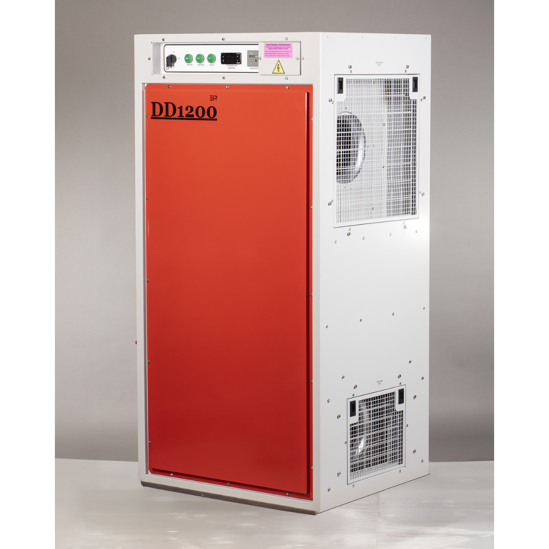 Front view of Ebac DD1200 Desiccant Dehumidifier showing tall industrial cabinet design with integrated control panel and dual airflow outlets for large-scale humidity control