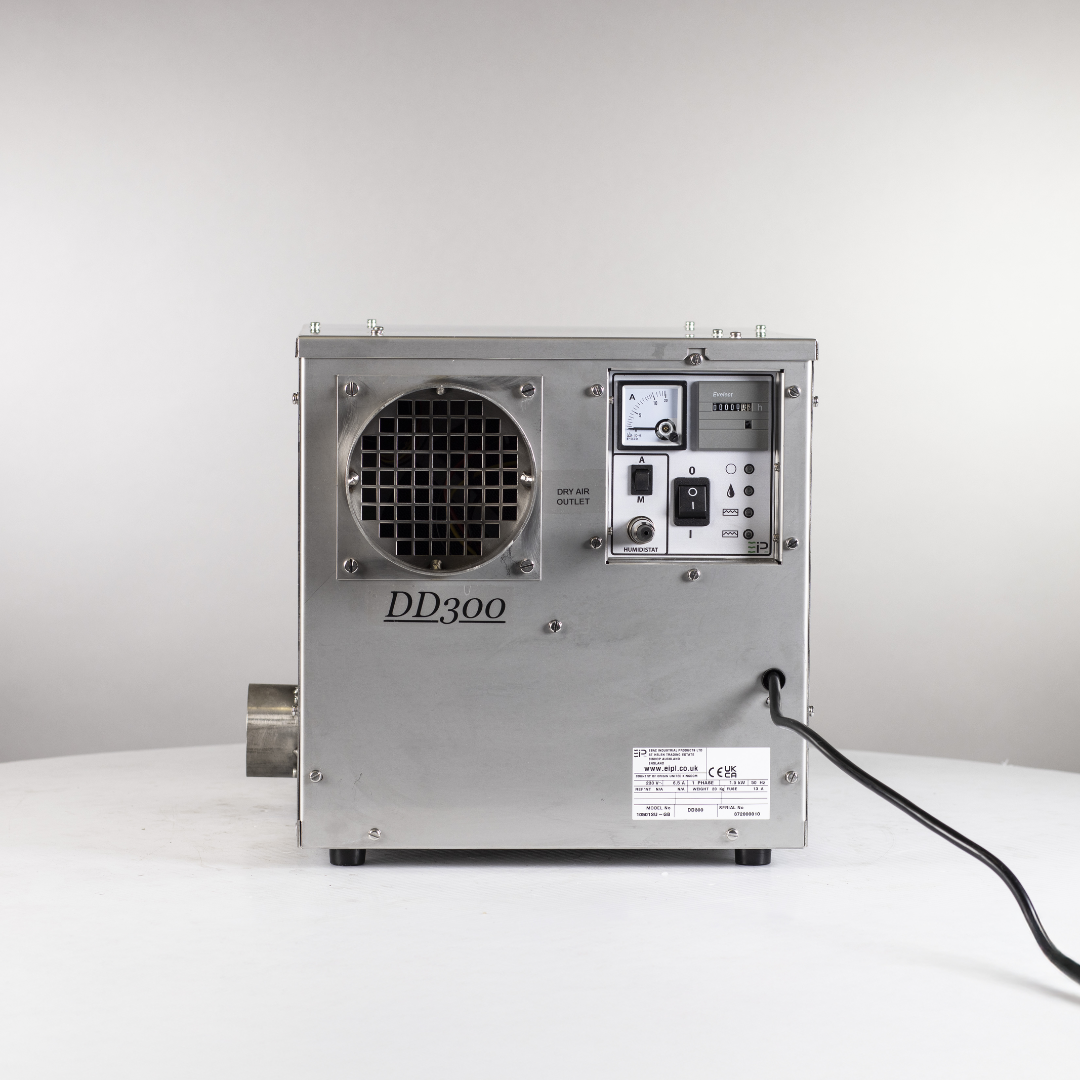 Front view of Ebac DD300-S Desiccant Dehumidifier 10501SU-US featuring stainless steel housing, industrial airflow outlet, and integrated control panel for commercial humidity control