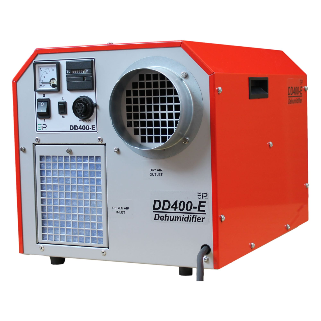 Front view of Ebac DD400-E Desiccant Dehumidifier 10500GR-US featuring industrial airflow outlet, electronic control panel, and integrated air filtration intake for commercial humidity control