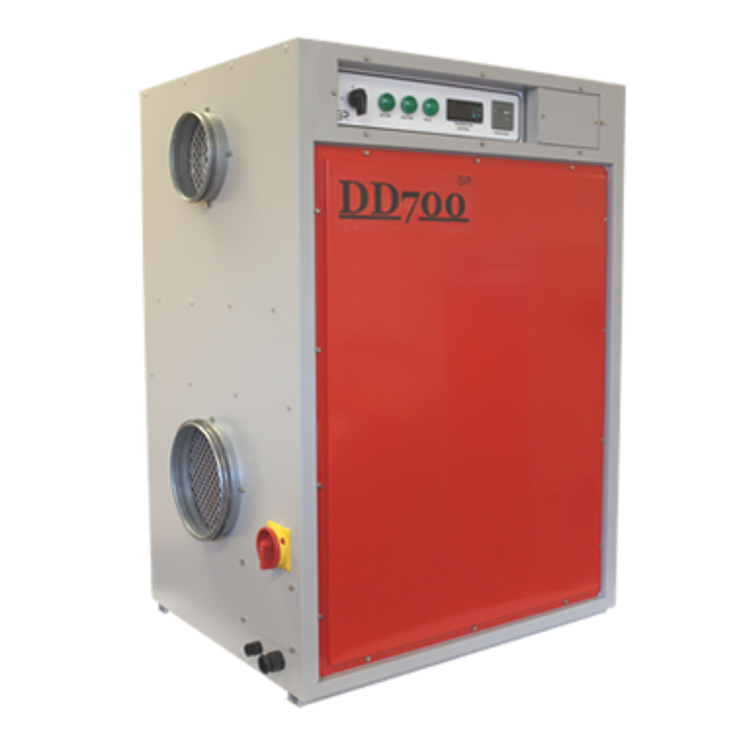 Front view of Ebac DD700 Desiccant Dehumidifier with industrial cabinet design, control panel interface, and dual duct connections for process and regeneration airflow